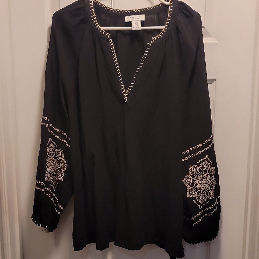 Calypso St Barth Black And Gold Peasant  Embroidery Top Sz 1X